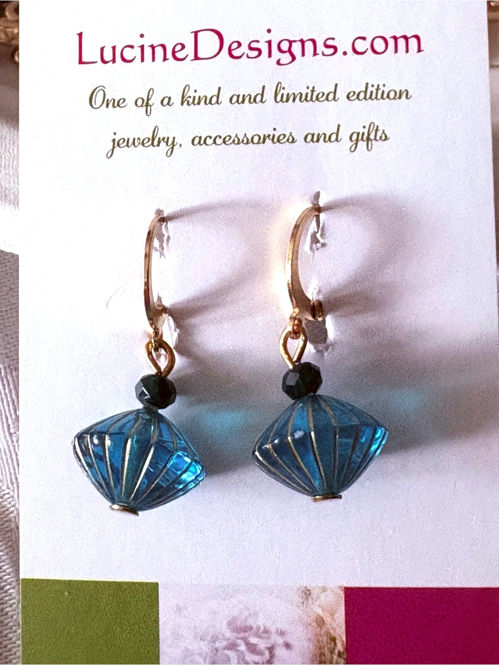 Teal blue Drop Earrings with Gold Hooks, new